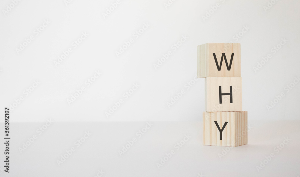 The question WHY is written on wooden cubes on a white background The question WHY is written on wooden cubes on a white background
