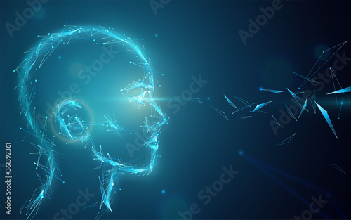 Ai concept vector background. Abstract artificial human head with eyes light. Digital future vision illustration