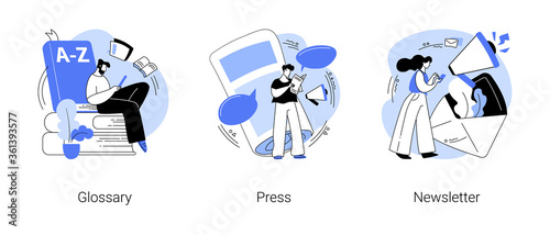 Company latest news abstract concept vector illustration set. Glossary and newsletter, press web page, menu bar, terms and dictionary, about us, landing page, get updates, promotion abstract metaphor. © Visual Generation