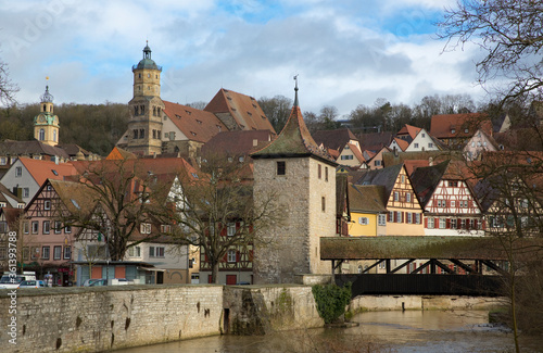 St Michael's Church, River Kocher and Bridge, Schwabisch Hall, Baden-Wurttemberg, Germany - December 2013 photo