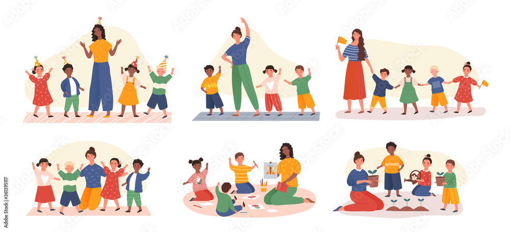 Six designs of groups of diverse young kids in kindergarten class with their teachers doing various activities, colored vector illustration