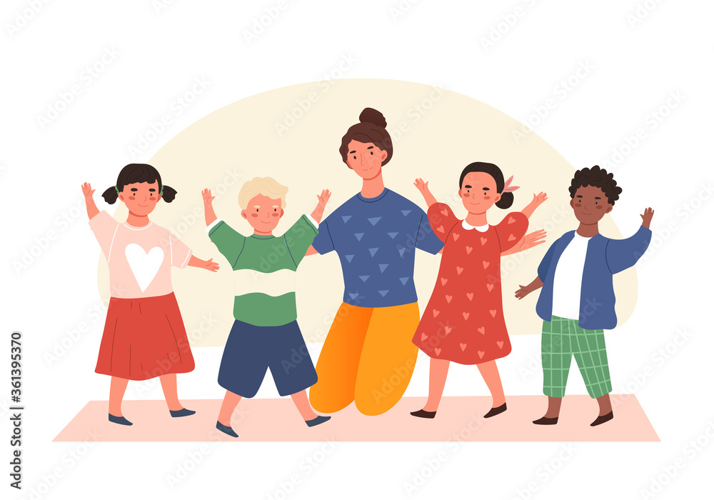 Happy diverse young kindergarten kids with a teacher waving and smiling together during a motivational game in an education concept, colored vector illustration