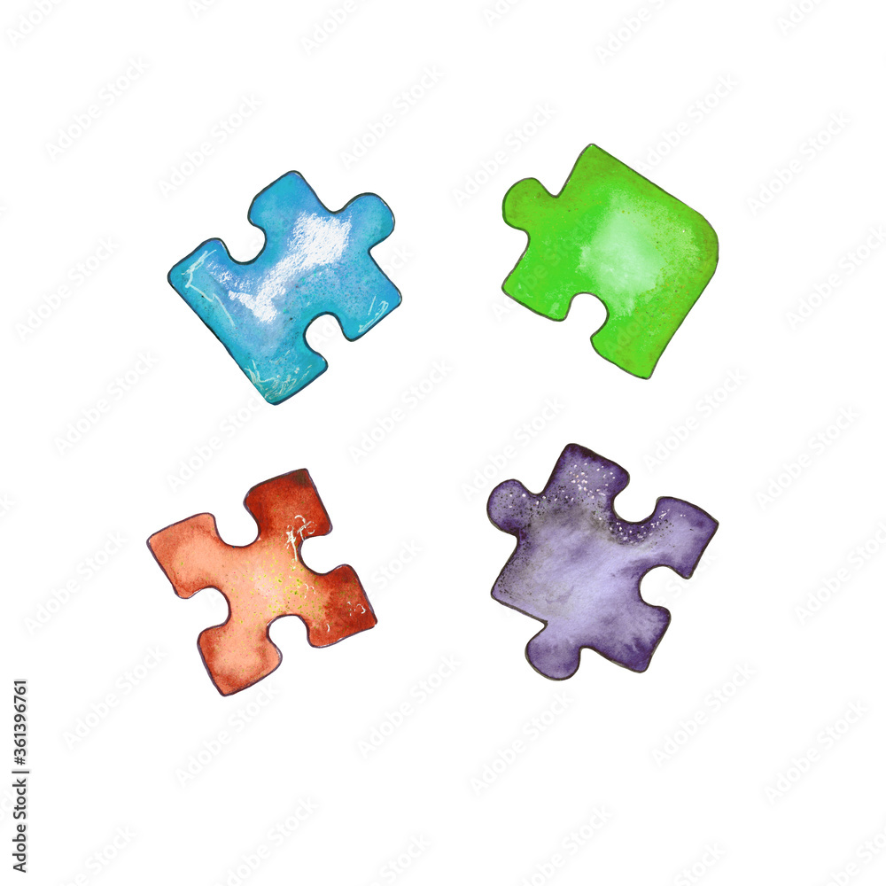 Watercolor illustration.children's puzzle paper puzzle, a set of colorful puzzle pieces. Isolated on a white background Watercolor illustration.children's puzzle paper puzzle, a set of colorful puzzle pieces. Isolated on a white background