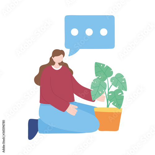 stay at home, girl takes care for houseplant, self isolation, activities in quarantine for coronavirus