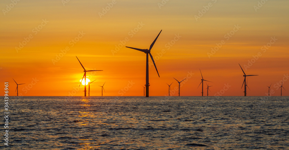 Beautiful sunset in the North Sea offshore wind farm