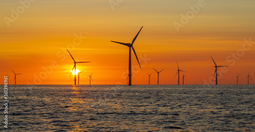 Beautiful sunset in the North Sea offshore wind farm