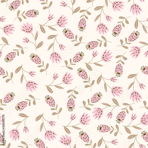 Seamless floral pattern based on traditional folk art ornaments. Colorful flowers on light background. Scandinavian style. Vector illustration. Simple minimalistic pattern with nature element.