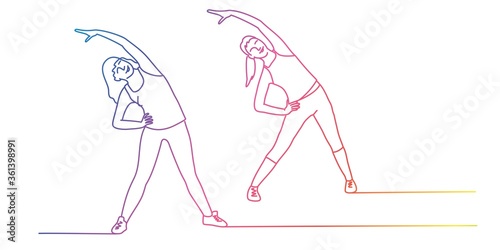 Rainbow colours in linear vector illustration of women. Fitness, sport, training, gym and lifestyle concept.