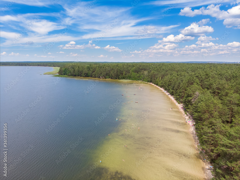 The view of the beach of the lake Beloe, Belarus Drone aerial photo