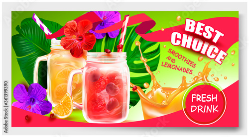 Smoothies in a clear Cocktail Jar.Vector image for Summer Smoothie advertising.Vector Tropical Hibiscus.Lemon.Best choice.