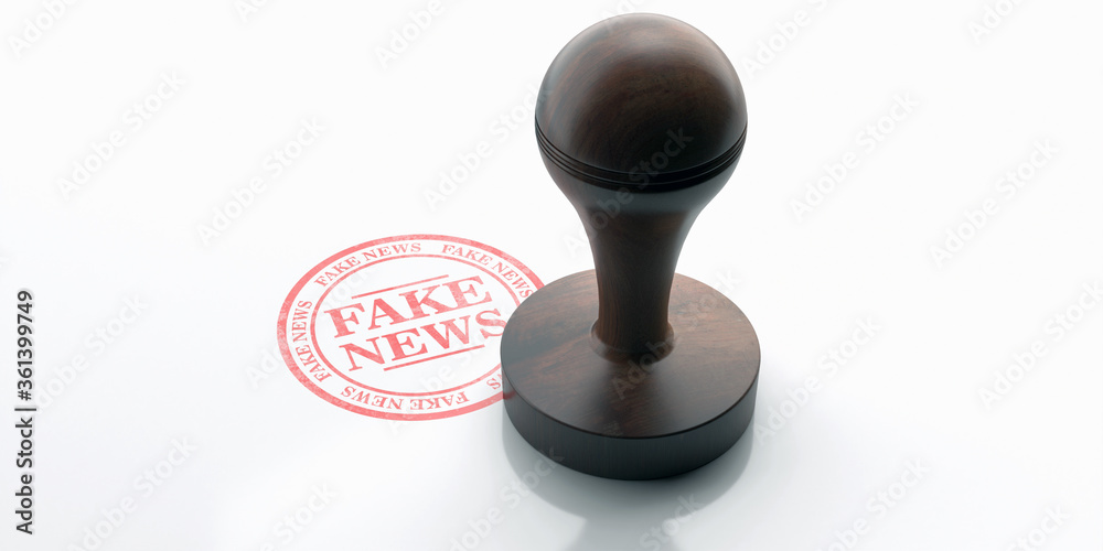 Wooden round rubber stamper and stamp with text Fake news isolated on white background. 3d illustration Wooden round rubber stamper and stamp with text Fake news isolated on white background. 3d illustration