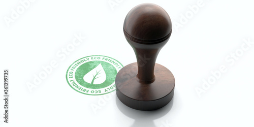Round rubber stamper and green stamp with text eco friendly isolated on white background. 3d illustration