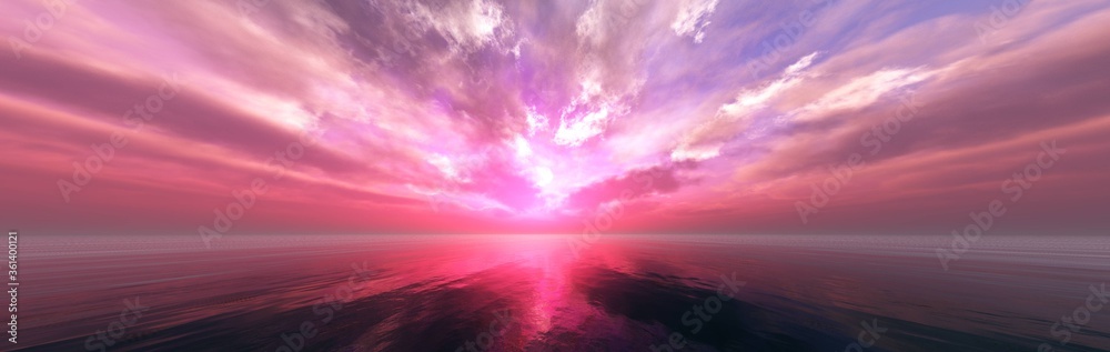 Beautiful sunset at sea, tropical sunrise, panorama of sea sunset, 3D rendering