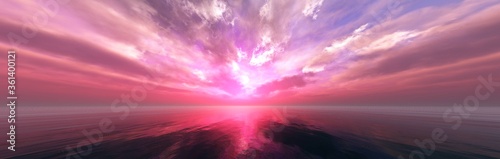 Beautiful sunset at sea, tropical sunrise, panorama of sea sunset, 3D rendering © ustas