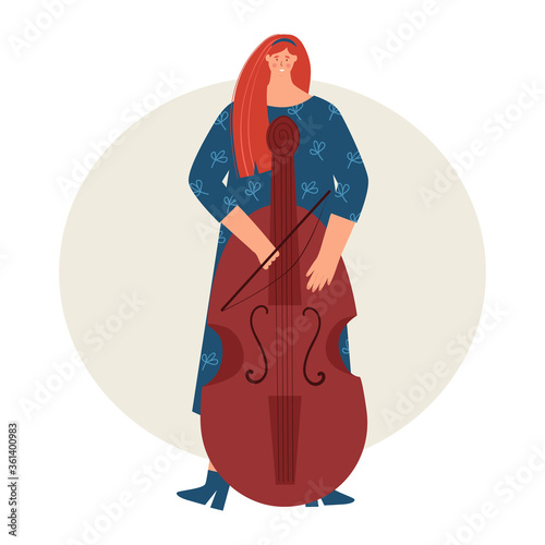 Young woman playing double bass .Vector illustration.