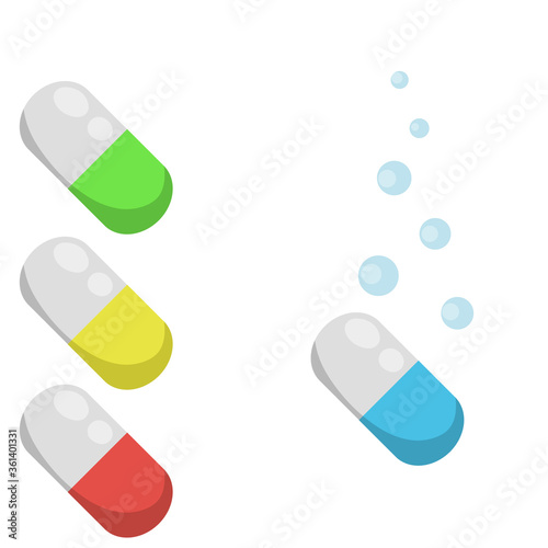 Set of tablets. Red, blue, green, yellow capsule. Dissolution of drug. Air bubbles and pill. Medical care. Element of health, hospitals and diseases. Flat illustration
