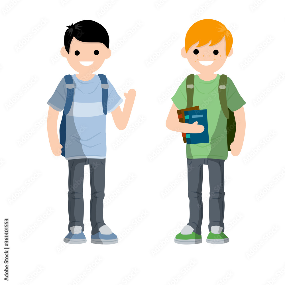 Conversation between two students with backpack and books. Study in College and University students. Men in high school. Couple young adult friend talk. Cartoon flat illustration