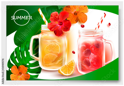 Smoothies in a clear Cocktail Jar.Vector image for Summer Smoothie advertising, Fruit sales.Vector Tropical Hibiscus.Drink with a straw,a cherry.Lemon.Best choice.