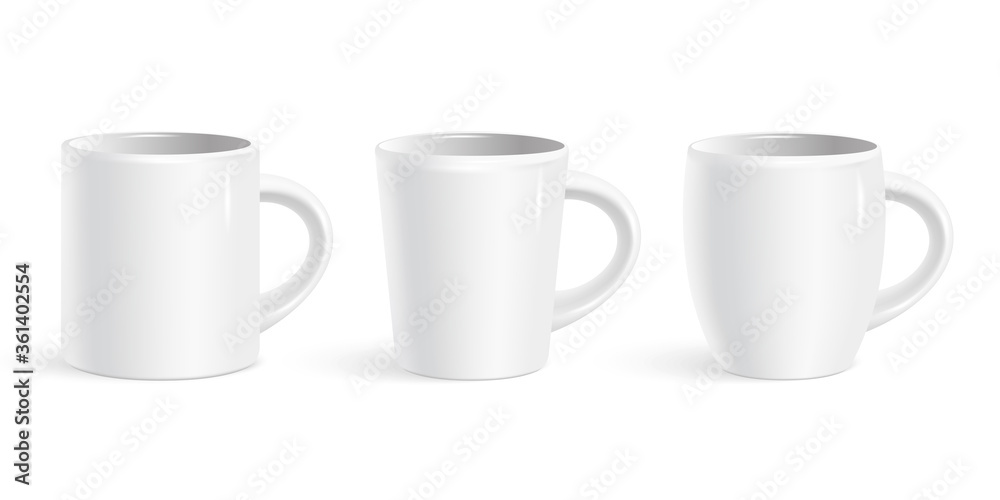 Set of realistic white coffee mugs isolated on white background. Vector ...