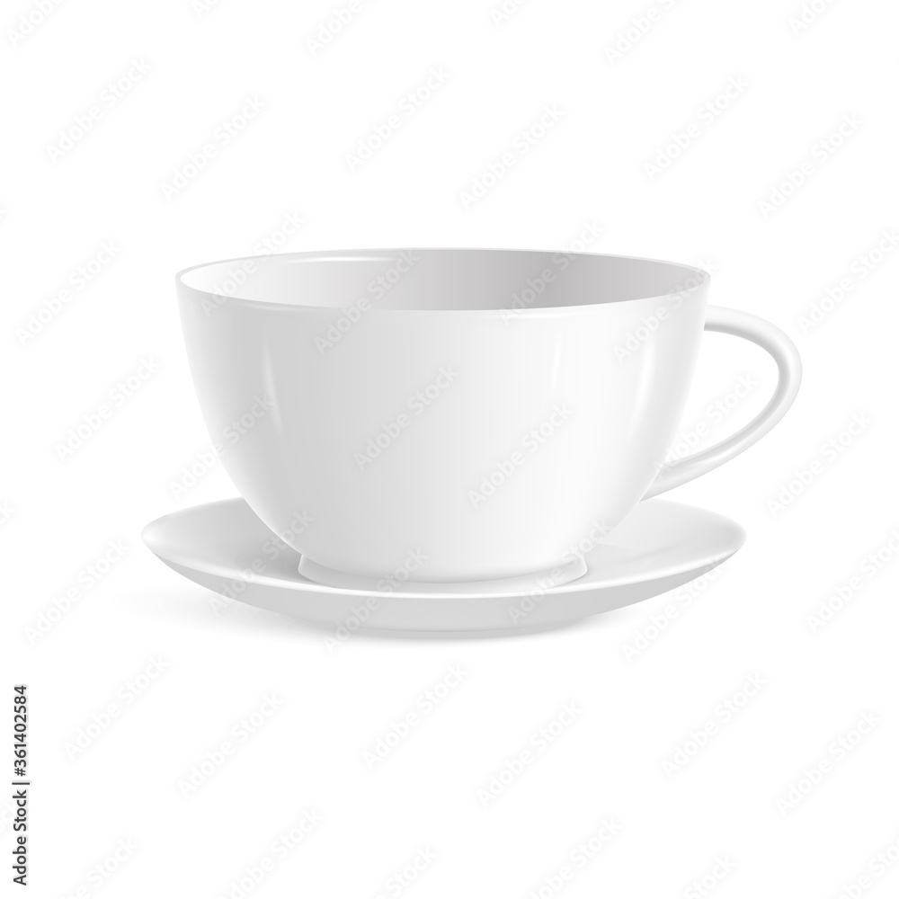 Photo realistic white cup isolated on white background. Vector template for mock up Photo realistic white cup isolated on white background. Vector template for mock up