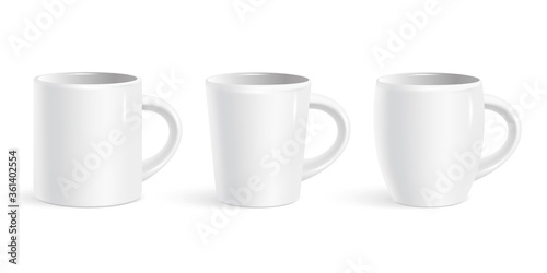 Set of realistic white coffee mugs isolated on white background. Vector templates for Mockup