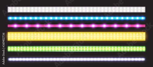 Led strips with neon glow effect isolated on transparent background. Vector realistic set of colored light stripes, glowing tape with pink, green, blue, yellow and white lamp and diode bulbes