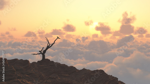 Bird on a dry branch. Mountain sunrise. 3D rendering