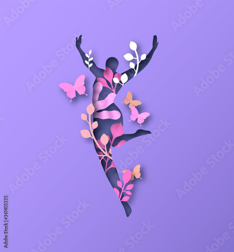 Jumping Woman silhouette with papercut nature