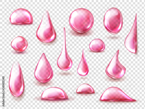 Pink drops of water, wine or juice isolated on transparent background. Vector realistic mockup of liquid drips of strawberry or cherry juice, fruit drink, clear bubbles
