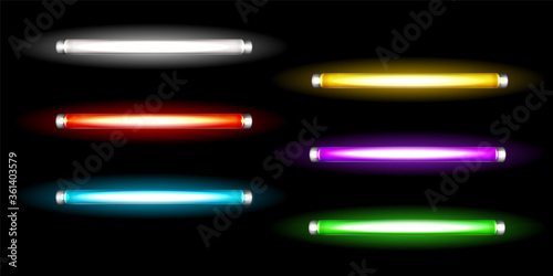 Neon tube lamps, long luminescence fluorescent multicolored bulbs, light for night club, advertising or signboards, artificial lighting. Halogen glowing elements, Realistic 3d vector illustration set