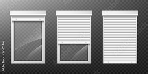 Window with roller shutter up and close. Plastic pvc casement blinds. Opened and shut front view. Home facade design elements isolated on transparent background realistic 3d vector illustration