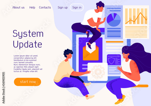 System Update on a website with three software technicians working on digital devices and interfaces and copyspace for text, colored vector illustration © Rudzhan