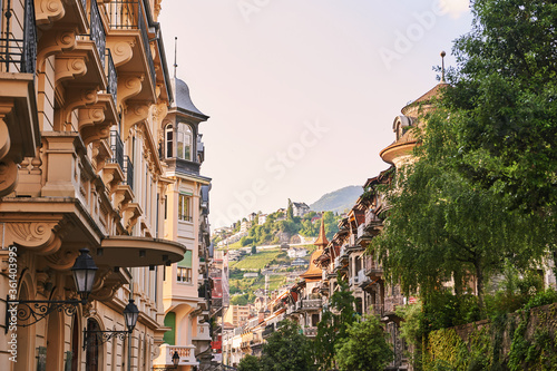 Fotografiet Small street in Montreux city, canton of Vaud, Switzerland