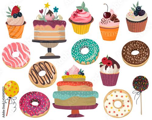 Vector collection of delicious dessert - donuts, cake, cupcakes, cake pops isolated on white background.