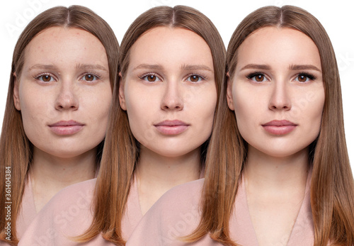 Collage of young woman applying make-up by steps. Over white background.