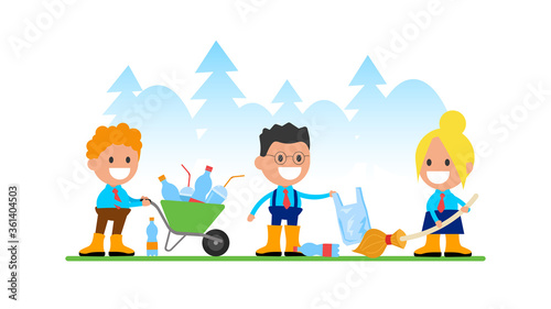Volunteer team of business people are sweeping and cleaning garbage on lawn of city park.

