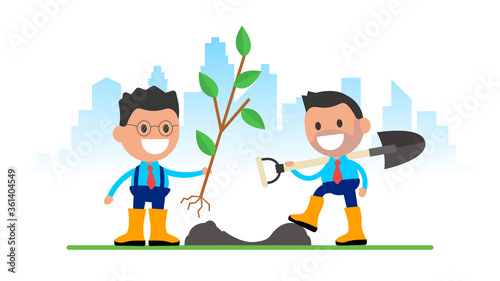 Volunteering and ecology concept. Volunteer team planting trees.
