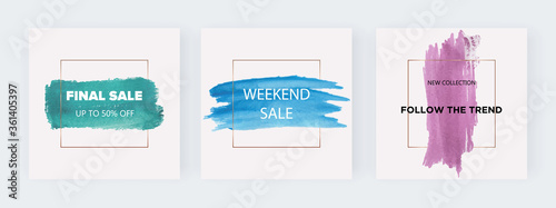 Banners with green, blue and pink watercolor brush stroke splash with geometric golden polygonal lines frame.