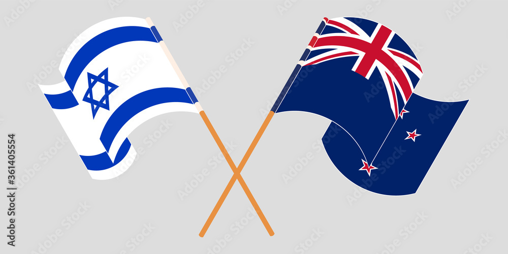 Crossed and waving flags of Israel and New Zealand Crossed and waving flags of Israel and New Zealand