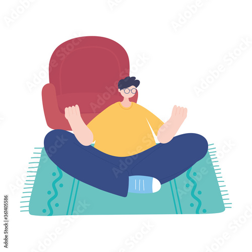 stay at home, man meditation yoga in room, self isolation, activities in quarantine for coronavirus