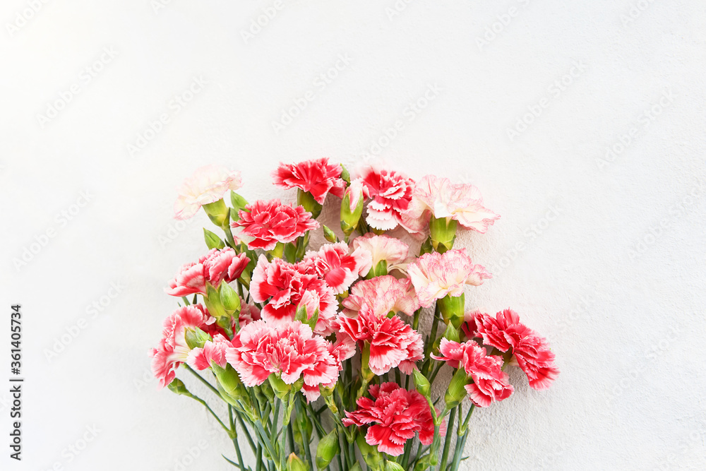 Bouquet of red and white carnation flowers on light background. Mothers day, Valentines Day, Birthday celebration concept. Copy space, top view