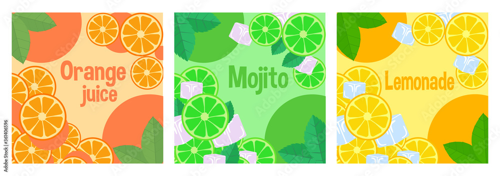Fruit drinks. Orange juice, lemonade, mojito. Summer drinks. Element for packaging, labels. Element for design invitations, gift cards, flyers, brochures, banners, posters, social media stories.