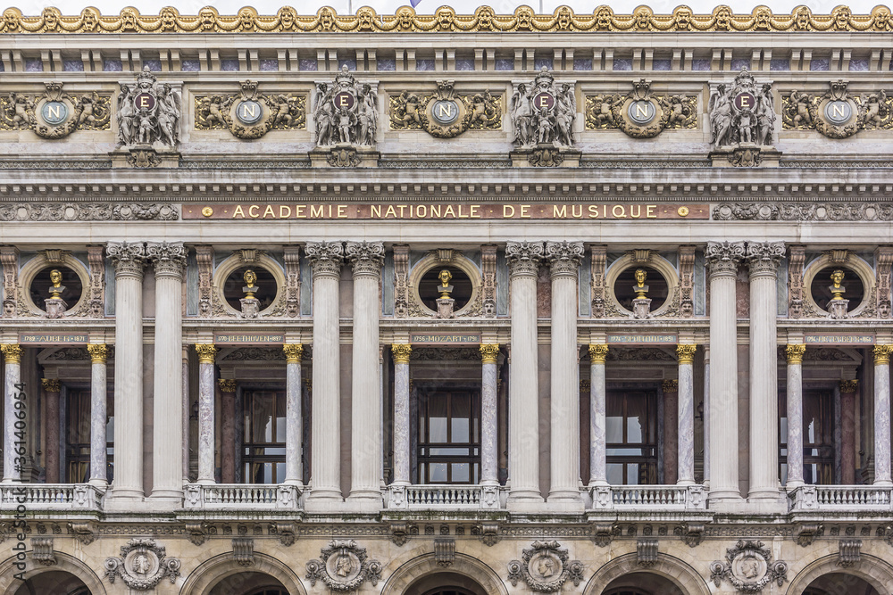 Fototapeta premium Architectural details of Opera National de Paris. Grand Opera (Garnier Palace, 1875) is famous neo-baroque building in Paris, France; UNESCO World Heritage Site.