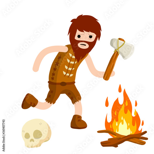 Primitive caveman. Prehistoric hunter. Stone age. Man with an axe or a hammer. Tribal items. Concept of history and archeology. Cartoon flat. Fire and skull