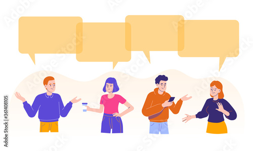 Collection of chatting men and women with speech bubbles isolated on white background. People discussing social network, dialogue. Chat communication. Modern vector illustration in flat cartoon style