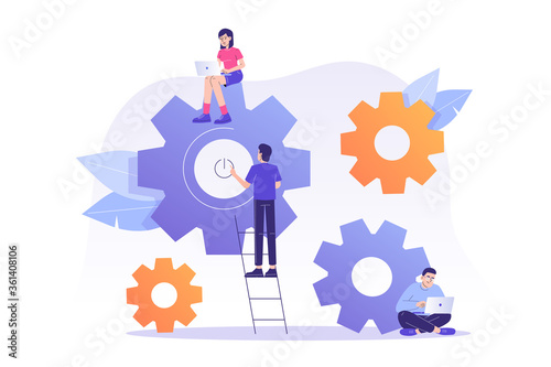 Business mechanism concept. Coworker people links of mechanism. Strategy analysis, communication, business promotion, teamwork. Abstract background with gears. Modern isolated vector illustration