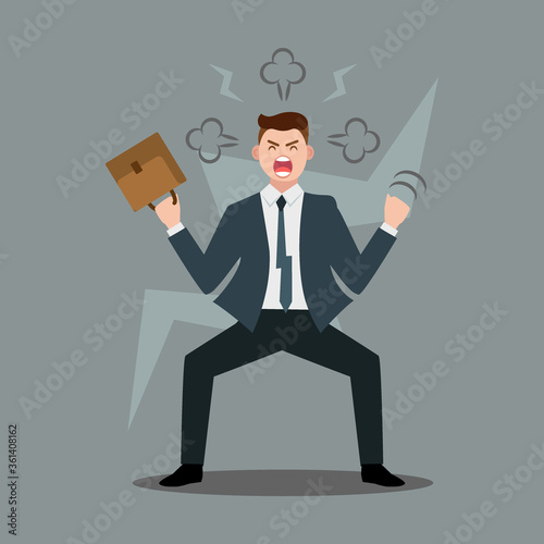 Stress at workplace. Furious businessman experiencing nervous breakdown or professional burnout at office, throwing furniture and yelling, vector illustration in flat style