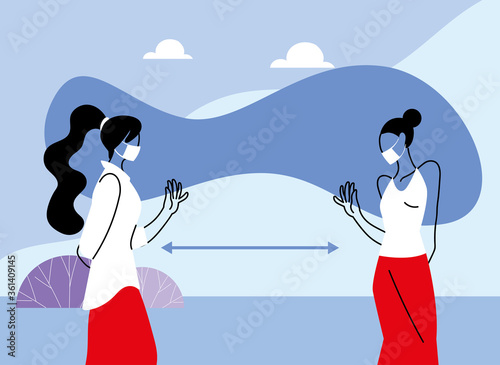 Social distancing between women with masks vector design