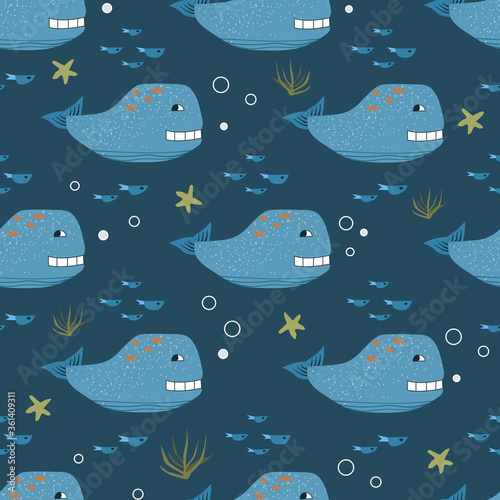 Cute whales and fishes seamless pattern vector illustration. Marine theme design for wrapping paper, textile, fabric. Childish sea print. Funny underwater animals. Aquatic whallpaper for kids.    