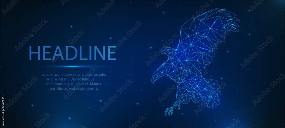 Eagle made of lines and rectangles, polygonal style on a blue background. Low poly starry sky digital 3d modern image or background. Abstract polygonal frame with stars.